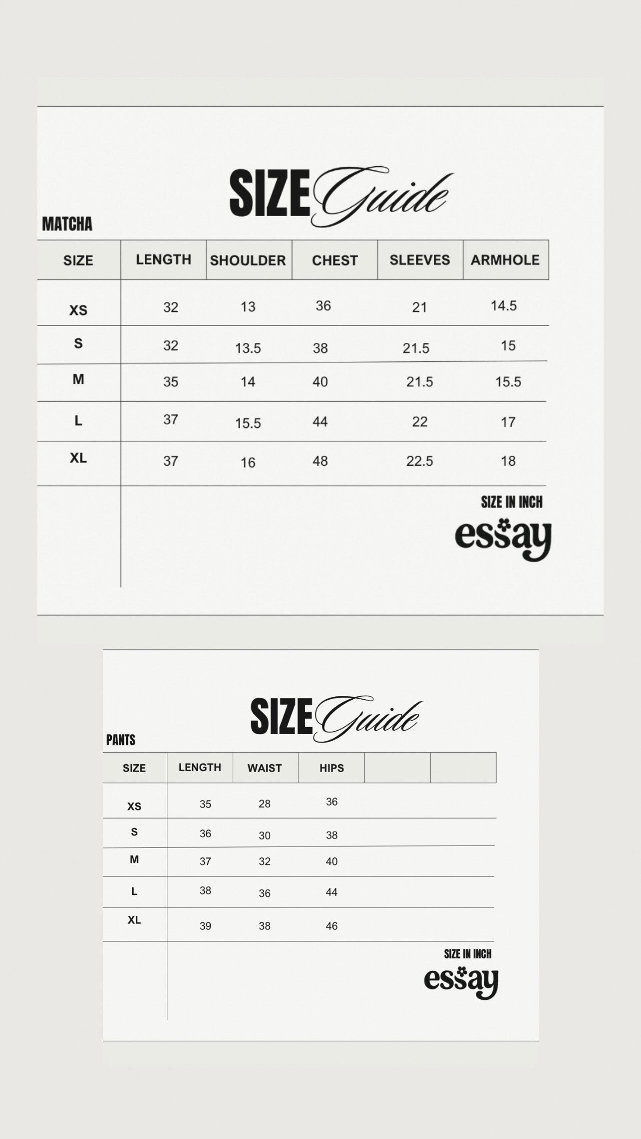 Size chart for Matcha