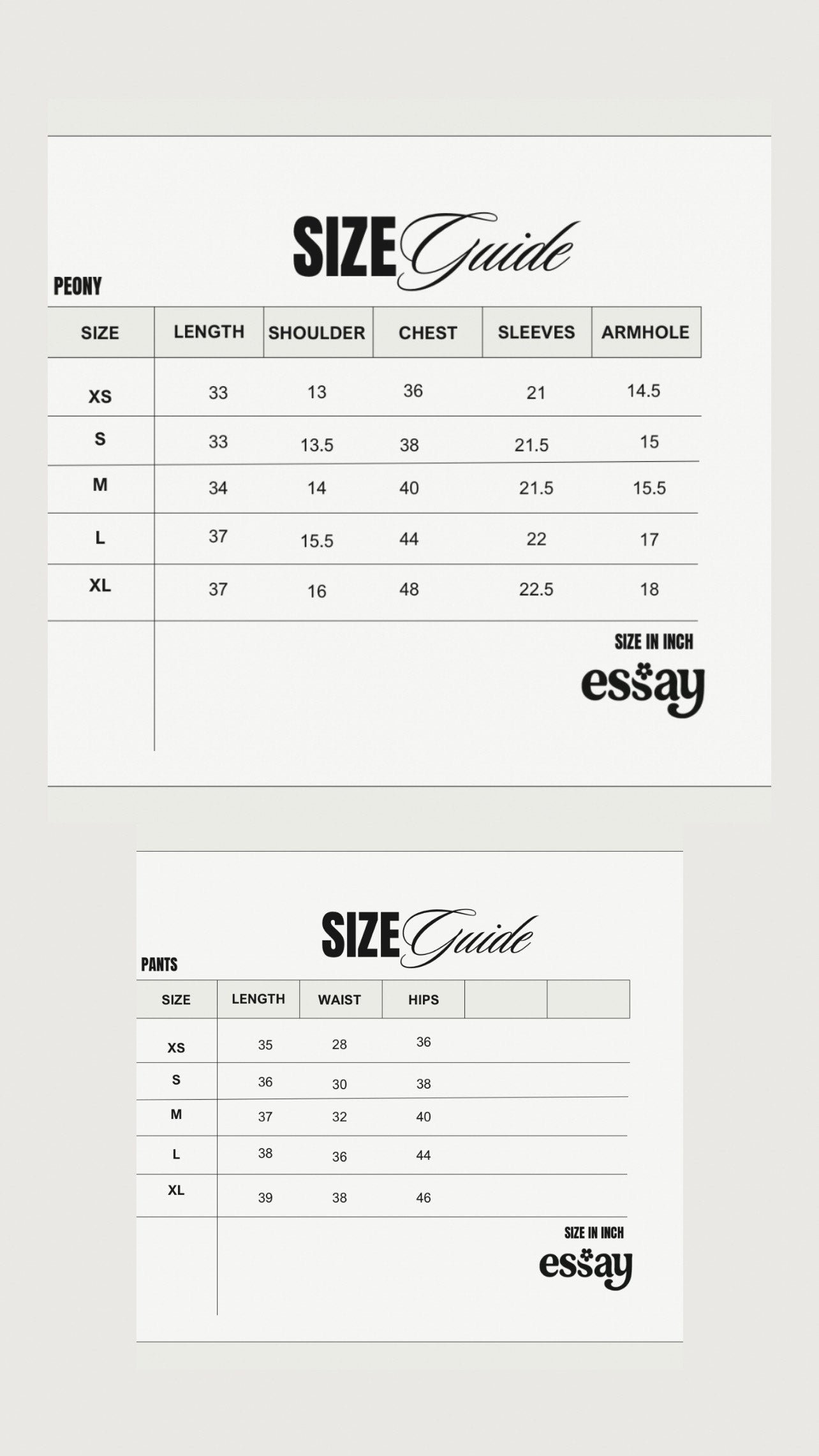 Size chart for Peony