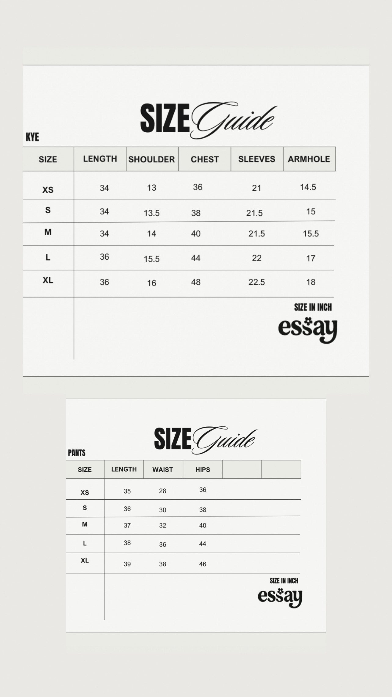 Size chart for Kye