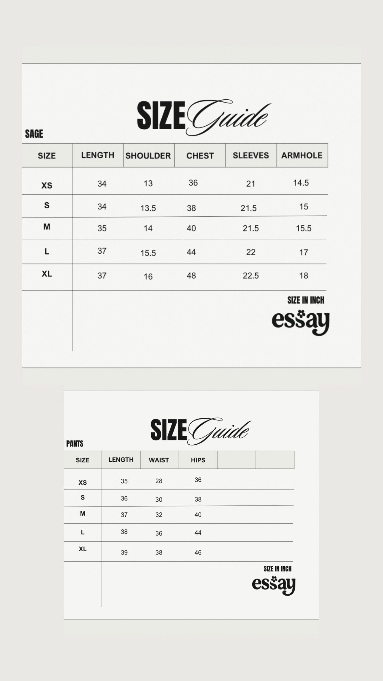 Size chart for Sage