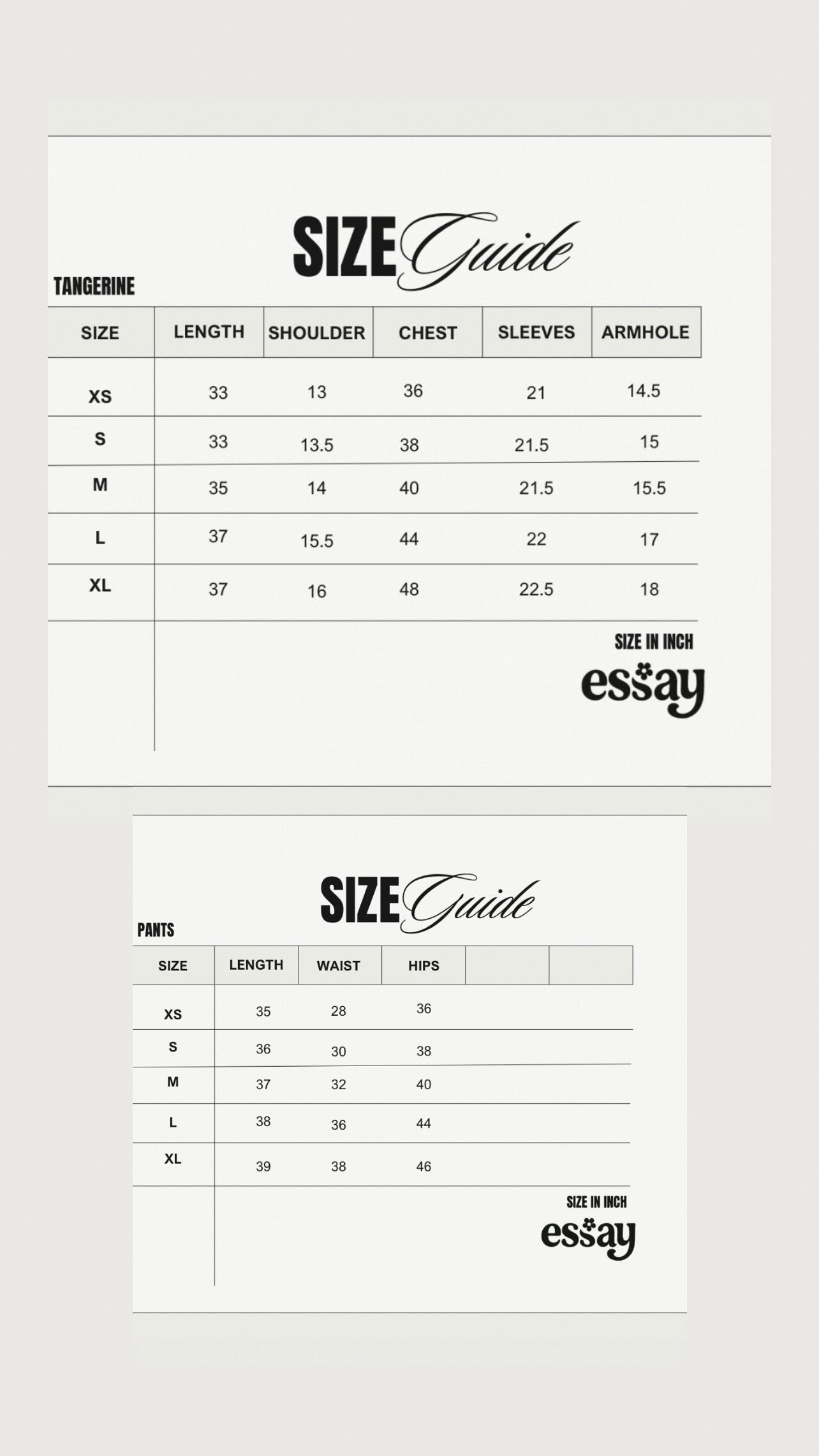 Size chart for Tangerine