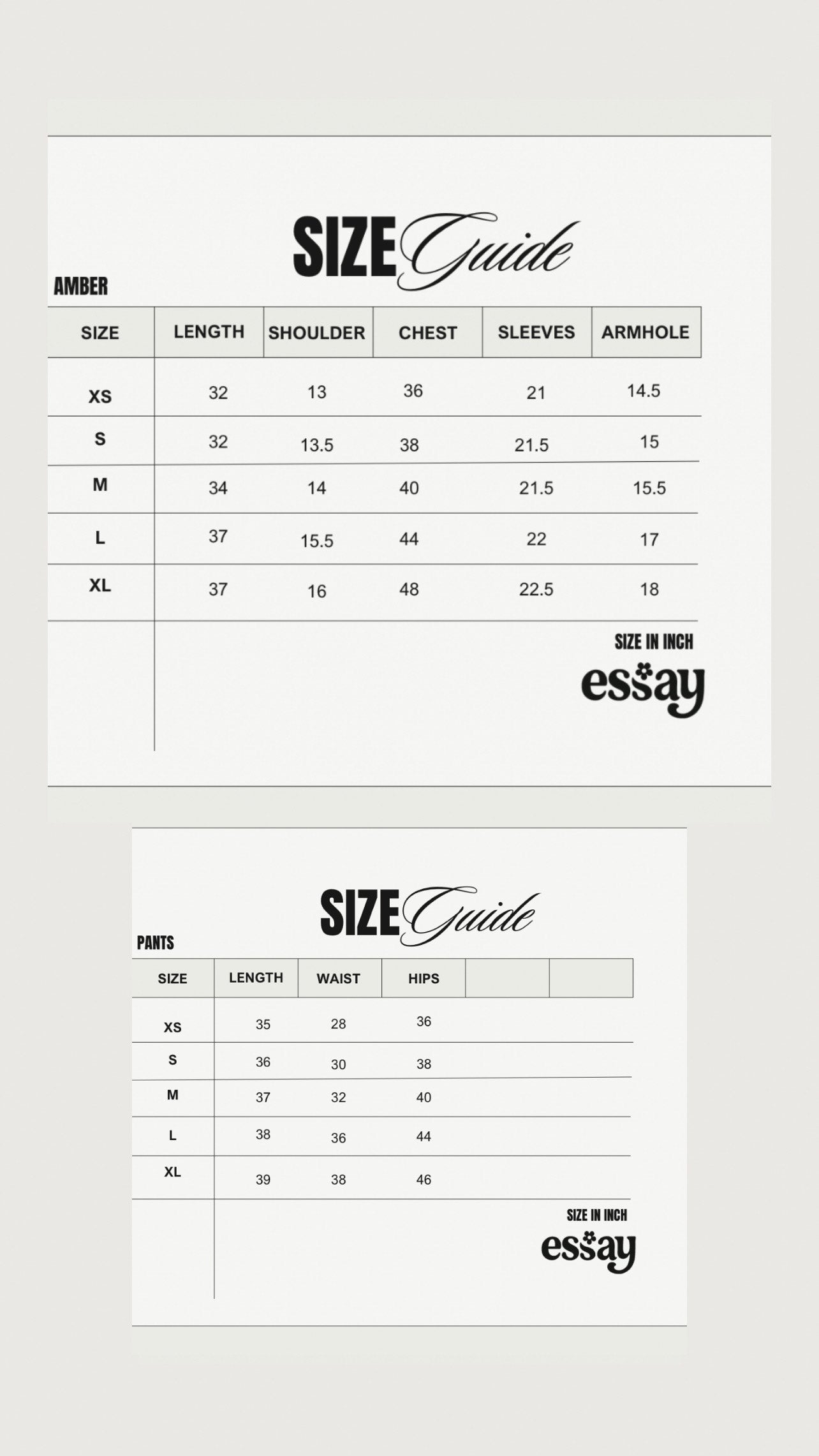 Size chart for Amber