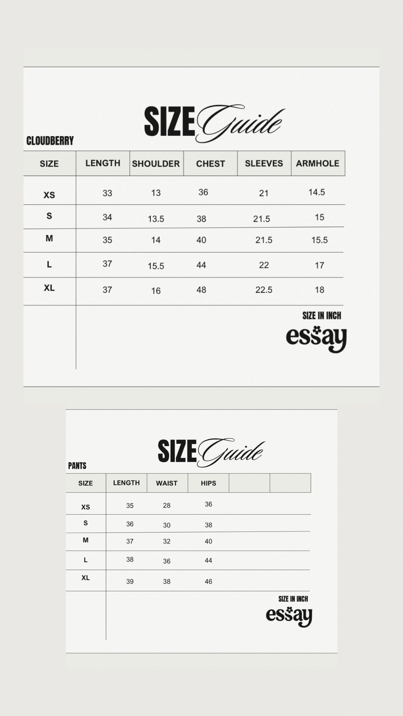 Size chart for Cloudberry