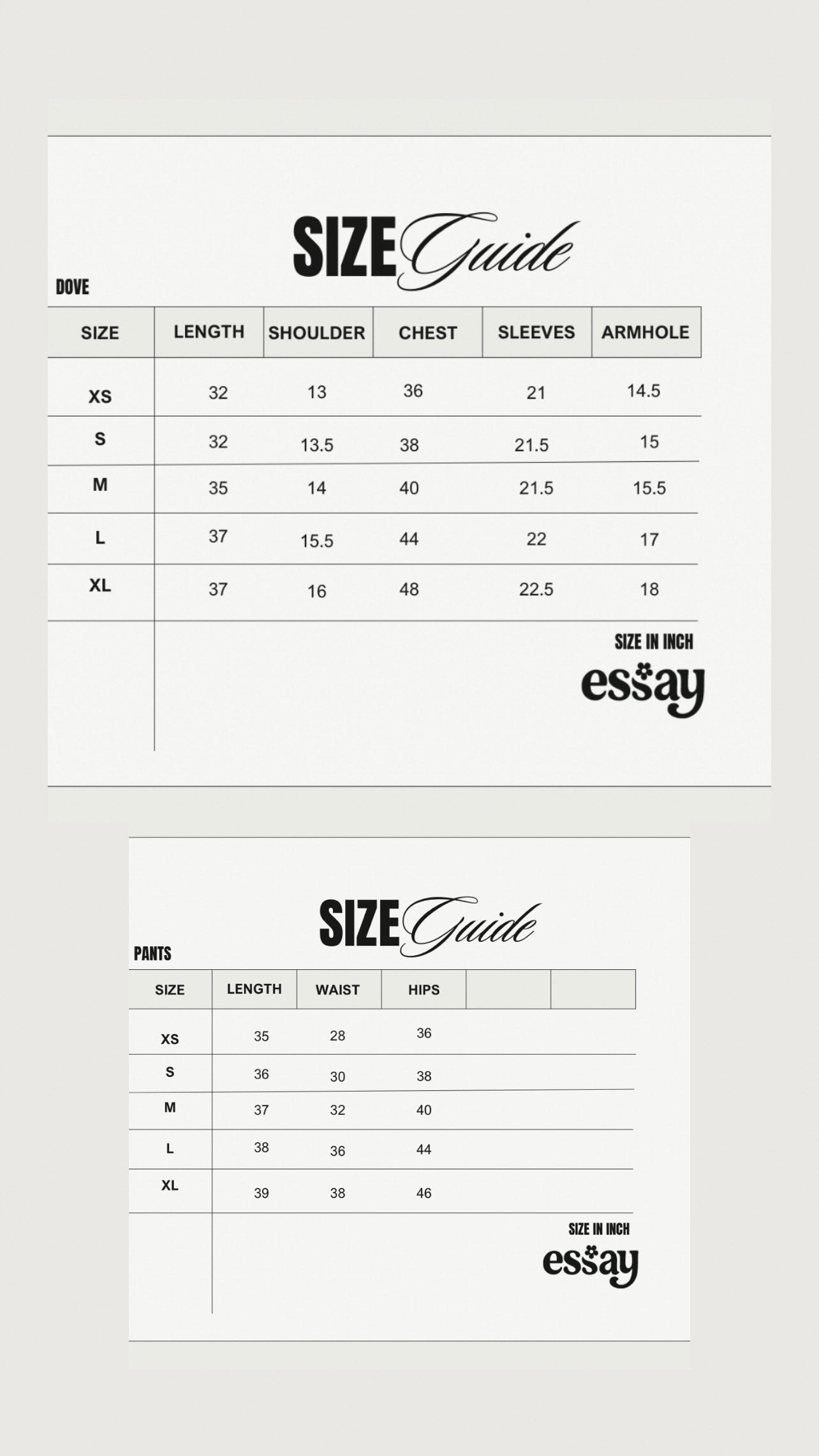 Size chart for Dove