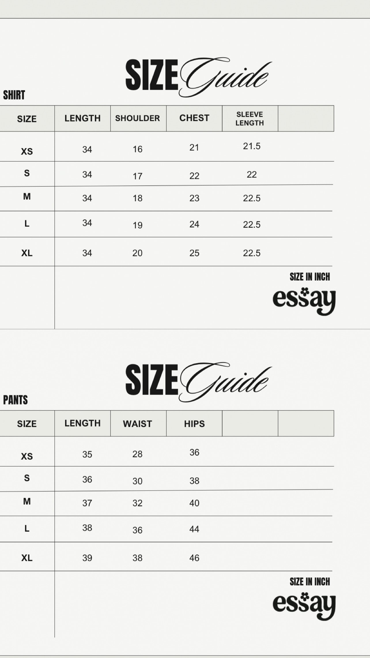 Size chart for Apricot